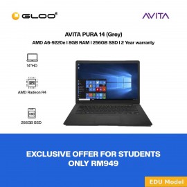 [Ready stock] AVITA PURA 14 Notebook (A6-9220E,8GB,256GB SSD,AMD Radeon,14" HD,W10,Shadow Grey)