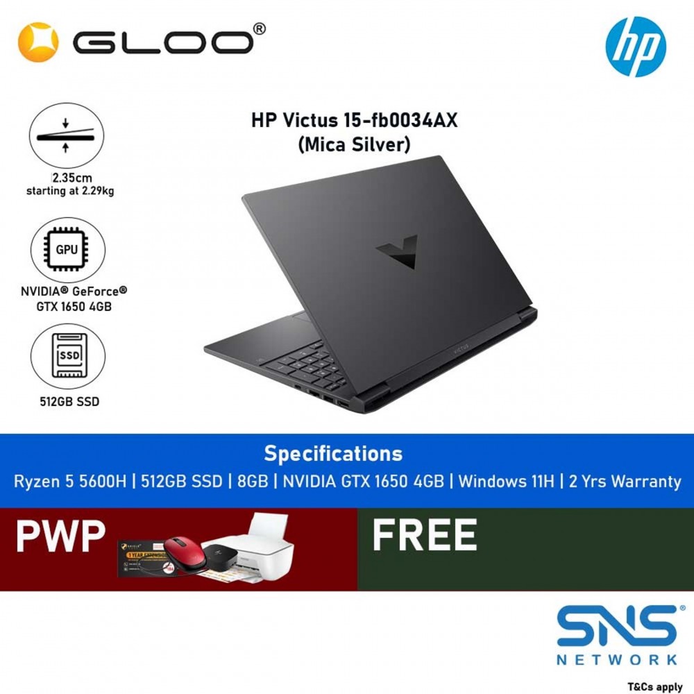 HP Victus Gaming Laptop 15-fb0034AX 15.6" FHD (Ryzen 5 5600H, 512GB SSD, 8GB, NVIDIA GTX 1650 4GB, W11H) - Mica Silver (Grab/Touch & Go credit redemption : 1/11-31/1*)