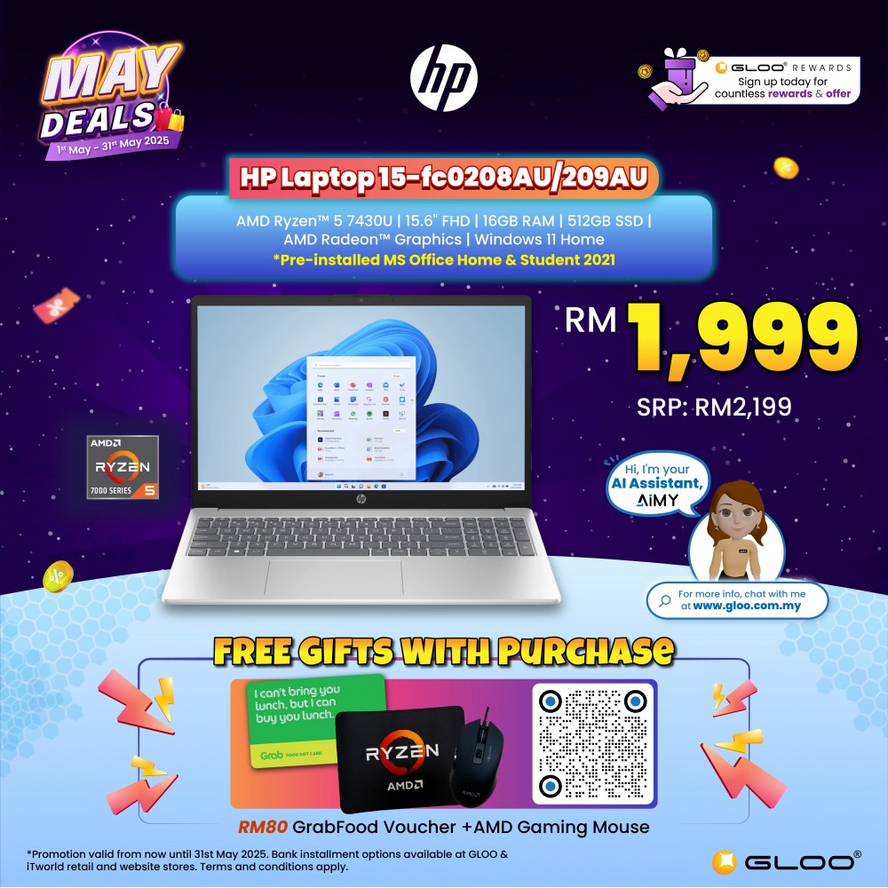 HP Laptop 15-fc0208AU (AMD Ryzen™ 5 7430U | 15.6” FHD | 16GB | 512GB SSD | AMD Radeon Graphics | Windows 11 Home | Preinstalled Microsoft Office Home & Student)