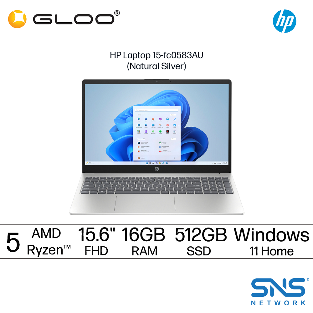 HP Laptop 15-fc0583AU (AMD Ryzen™ 5 7430U | 15.6"FHD | 16GB RAM | 512GB SSD | AMD Radeon™ Graphics | Windows 11 Home | Microsoft Office Home 2024 + Microsoft 365 Basic) 