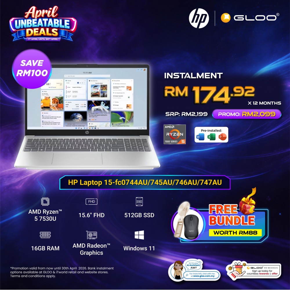 HP Laptop 15-fc0744AU (AMD Ryzen™ 5-7530U | 15.6" FHD | 16GB RAM | 512GB SSD | AMD Radeon Graphics | Windows 11 Home | Microsoft Office Home 2024 + Microsoft 365)