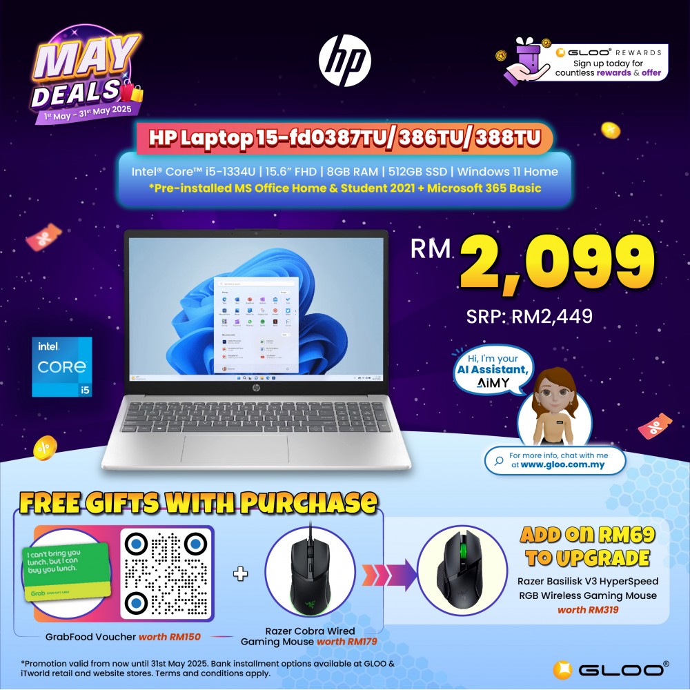 HP Laptop 15-fd0387TU 15.6'' FHD (Intel® Core™ i5-1334U | 8GB RAM | 512GB SSD | Intel® UHD Graphics | Windows 11 Home | Preinstalled Microsoft Office Home and student 2021 + Office 365 Basic)