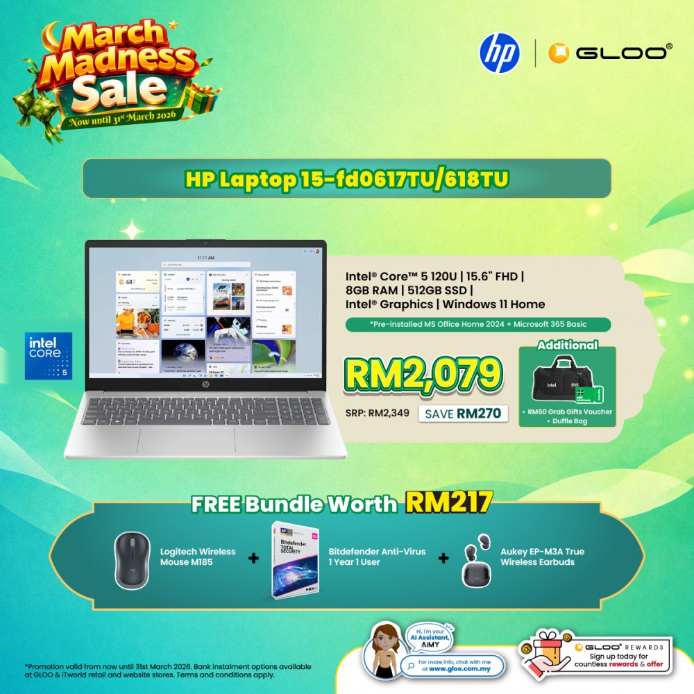 HP Laptop 15.6 inch 15-fd0617TU (Intel® Core™ 5 120U | 8GB | 512GB SSD | Intel UHD Graphics | Preinstalled Microsoft Office Home 2024 + Microsoft 365 Basic | Windows 11 Home)