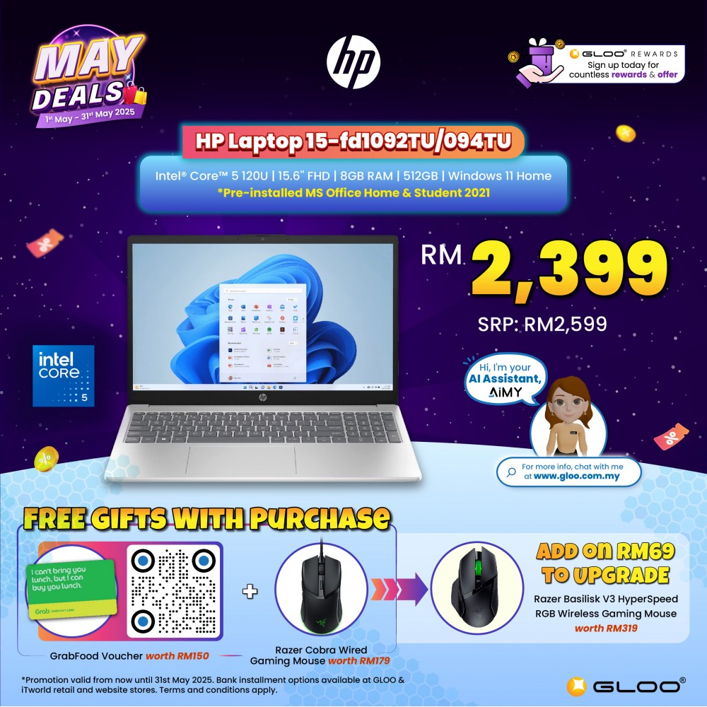 HP Laptop 15-fd1092TU (Intel® Core™ 5 120U | 15.6'' FHD | 8GB RAM | 512GB SSD | Intel® Graphics | Windows 11 Home | Preinstalled Microsoft Office Home & Student)