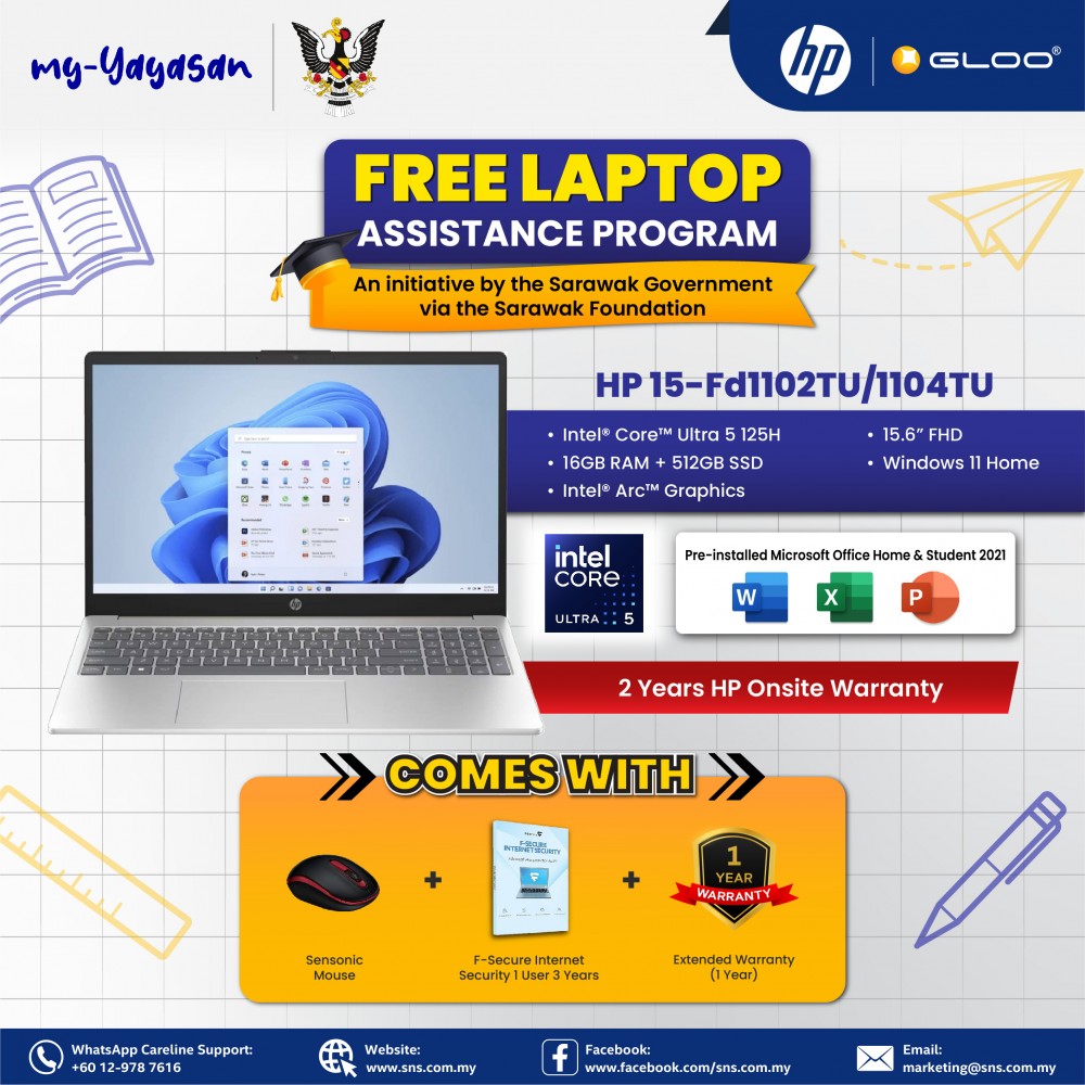 (my Yayasan) HP Laptop 15-fd1101TU 15.6'' FHD (Intel® Core™ Ultra 5 125H | 16GB | 512GB | Intel® Arc™ Graphics | Windows 11 Home | Preinstalled Microsoft Office Home & Student)