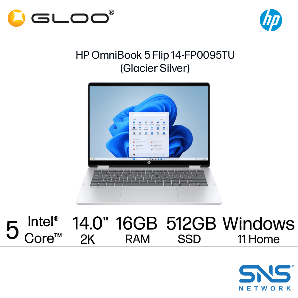 HP OmniBook 5 Flip 14-FP0095TU Laptop (Intel® Core™ 5 120U | 14" 2K Touch | 16GB RAM | 512GB SSD | Integrated Intel® Graphics | Windows 11 Home | Microsoft Office Home 2024 + Microsoft 365 Basic)