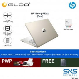 HP Laptop 15s-eq1557AU 15.6" HD (AMD Athlon 3050U, 256GB SSD, 4GB, AMD Radeon Graphics, W11H) - Gold [FREE] HP Backpack + Pre-Installed with Microsoft Office Home and Student (Grab/Touch & Go credit redemption : 1/8-31/10*)