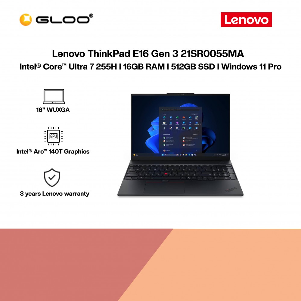 Lenovo ThinkPad E16 Gen 3 21SR0055MA Business Laptop (Intel® Core™ Ultra 7 255H | 16" WUXGA | 16GB RAM | 512GB SSD | Integrated Intel® Arc™ 140T Graphics | Windows 11 Pro)