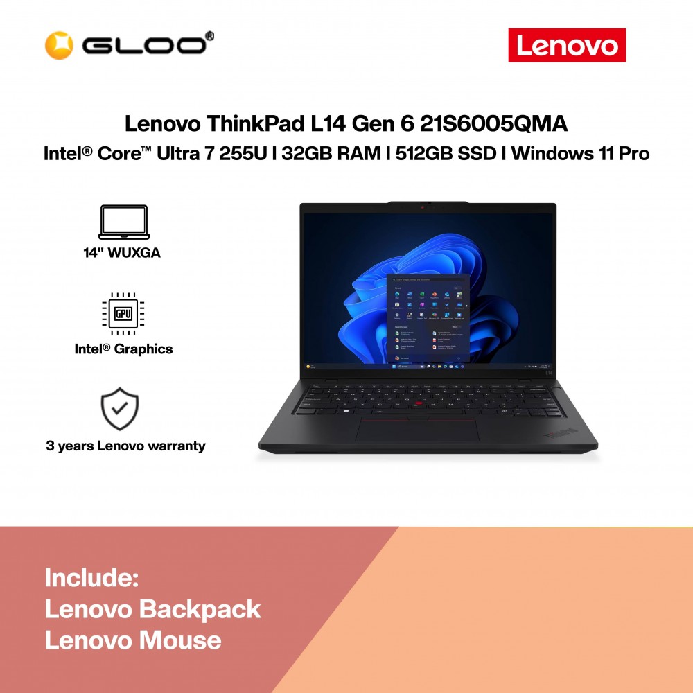 Lenovo ThinkPad L14 Gen 6 21S6005QMA Business Laptop (Intel® Core™ Ultra 7 Processor 255U | 14" WUXGA | 32GB RAM | 512GB SSD | Intel Graphics | Windows 11 Pro | Free Lenovo Backpack & Lenovo Mouse)