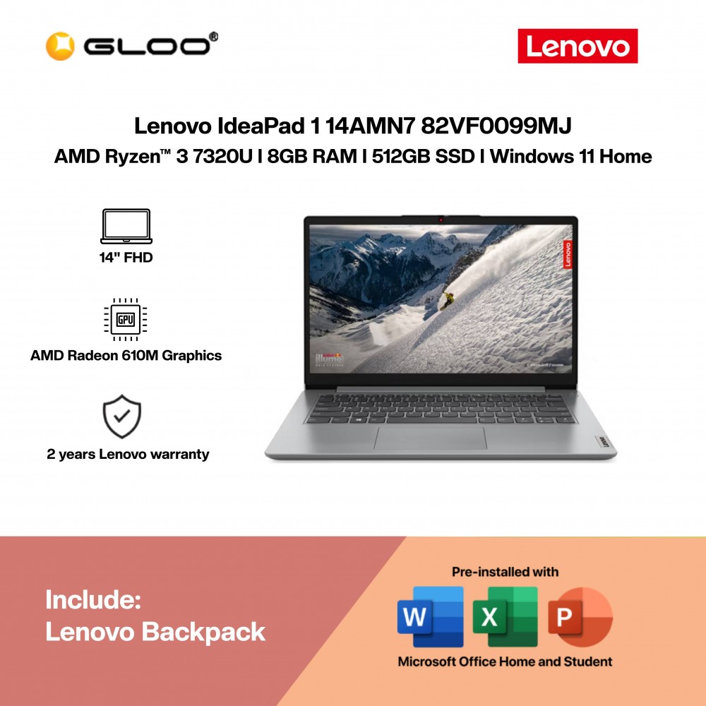 Lenovo IdeaPad 1 14AMN7 82VF0099MJ Laptop (AMD Ryzen™ 3 7320U | 14"FHD | 8GB RAM | 512GB SSD| Integrated AMD Radeon 610M Graphics | Windows 11 Home | Office Home & Student) 