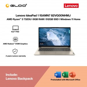 Lenovo IdeaPad 1 15AMN7 82VG00NHMJ Laptop (AMD Ryzen™ 3 7320U | 15.6" FHD | 8GB RAM | 512GB SSD | Integrated AMD Radeon™ 610M Graphics | Windows 11 Home |Microsoft Office Home & Student)