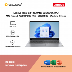 Lenovo IdeaPad 1 15AMN7 82VG00XTMJ Laptop (AMD Ryzen™ 5 7520U | 15.6” FHD | 16GB RAM | 512GB SSD | AMD Radeon™ 610M Graphics | Windows 11 Home | Microsoft Office Home 2024 + Microsoft 365)