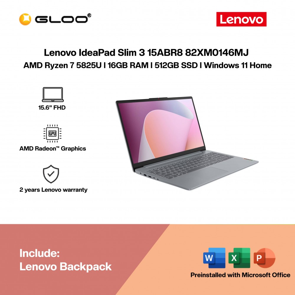 Lenovo IdeaPad Slim 3 15ABR8 82XM0146MJ Laptop (AMD Ryzen™ 7 5825U | 15.6” FHD | 16GB RAM | 512GB SSD | AMD Radeon™ Graphics | Windows 11 Home | Microsoft Office Home 2024 + Microsoft 365)