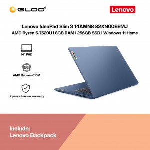 Lenovo IdeaPad Slim 3 14AMN8 82XN00EEMJ Laptop (AMD Ryzen 5-7520U | 14" FHD | 8GB RAM | 256GB SSD | AMD Radeon 610M Graphics | Windows 11 Home | Microsoft Office Home 2024 + Microsoft 365 Basic |Abyss Blue)