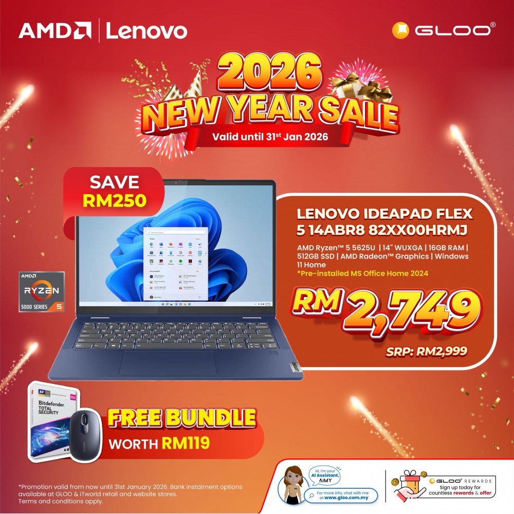 Lenovo IdeaPad Flex 5 14ABR8 82XX00HRMJ Laptop (AMD Ryzen™ 5 5625U | 14" WUXGA Touch | 16GB RAM | 512GB SSD | AMD Radeon™ Graphics | Windows 11 Home |Microsoft Office Home 2024)