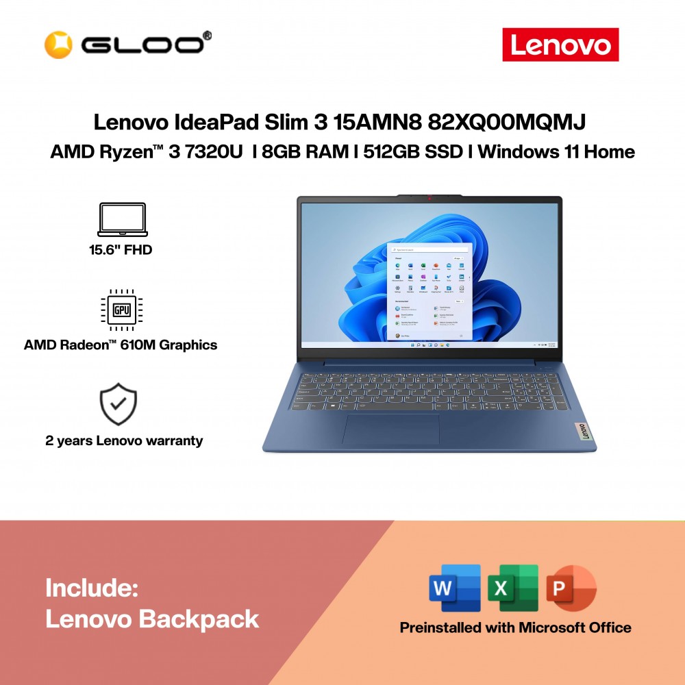 Lenovo IdeaPad Slim 3 15AMN8 82XQ00MQMJ Laptop (AMD Ryzen™ 3 7320U | 15.6" FHD | 8GB RAM | 512GB SSD | AMD Radeon™ 610M Graphics | Windows 11 Home | Microsoft Office Home 2024)