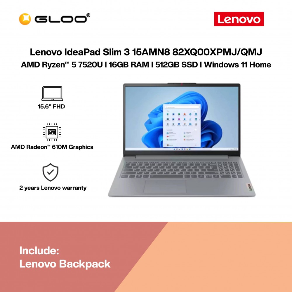 Lenovo IdeaPad Slim 3 15AMN8 82XQ00XPMJ (AMD Ryzen™ 5-7520U | 15.6"FHD | 16GB RAM | 512GB SSD | AMD Radeon 610M Graphics | Windows 11 Home | Microsoft Office Home 2024 + Microsoft 365)