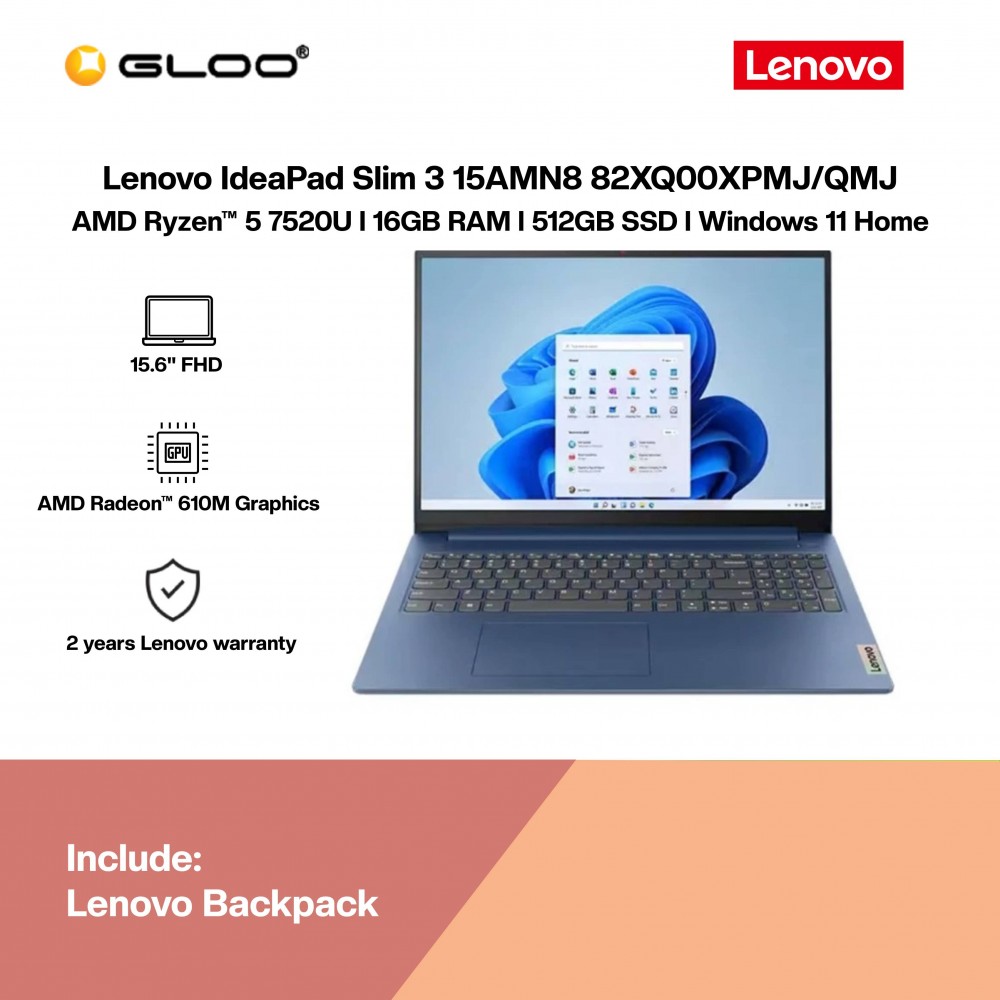 Lenovo IdeaPad Slim 3 15AMN8 82XQ00XQMJ (AMD Ryzen™ 5-7520U | 15.6"FHD | 16GB RAM | 512GB SSD | AMD Radeon 610M Graphics | Windows 11 Home | Microsoft Office Home 2024 + Microsoft 365)