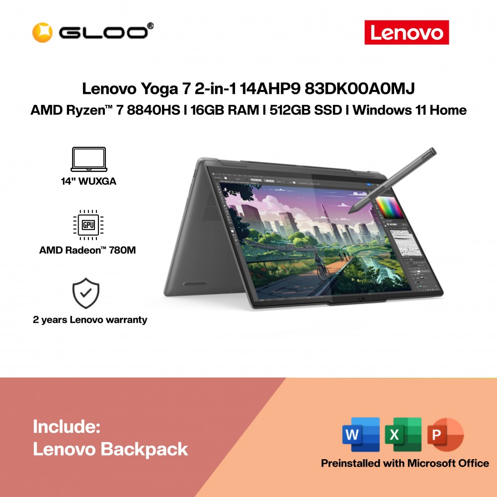 Lenovo Yoga 7 2-in-1 14AHP9 83DK00A0MJ Laptop (AMD Ryzen™ 7 8840HS | 14” WUXGA Touch | 16GB RAM | 512GB SSD | AMD Radeon™ 780M Graphics | Windows 11 Home | Microsoft Office Home 2024)