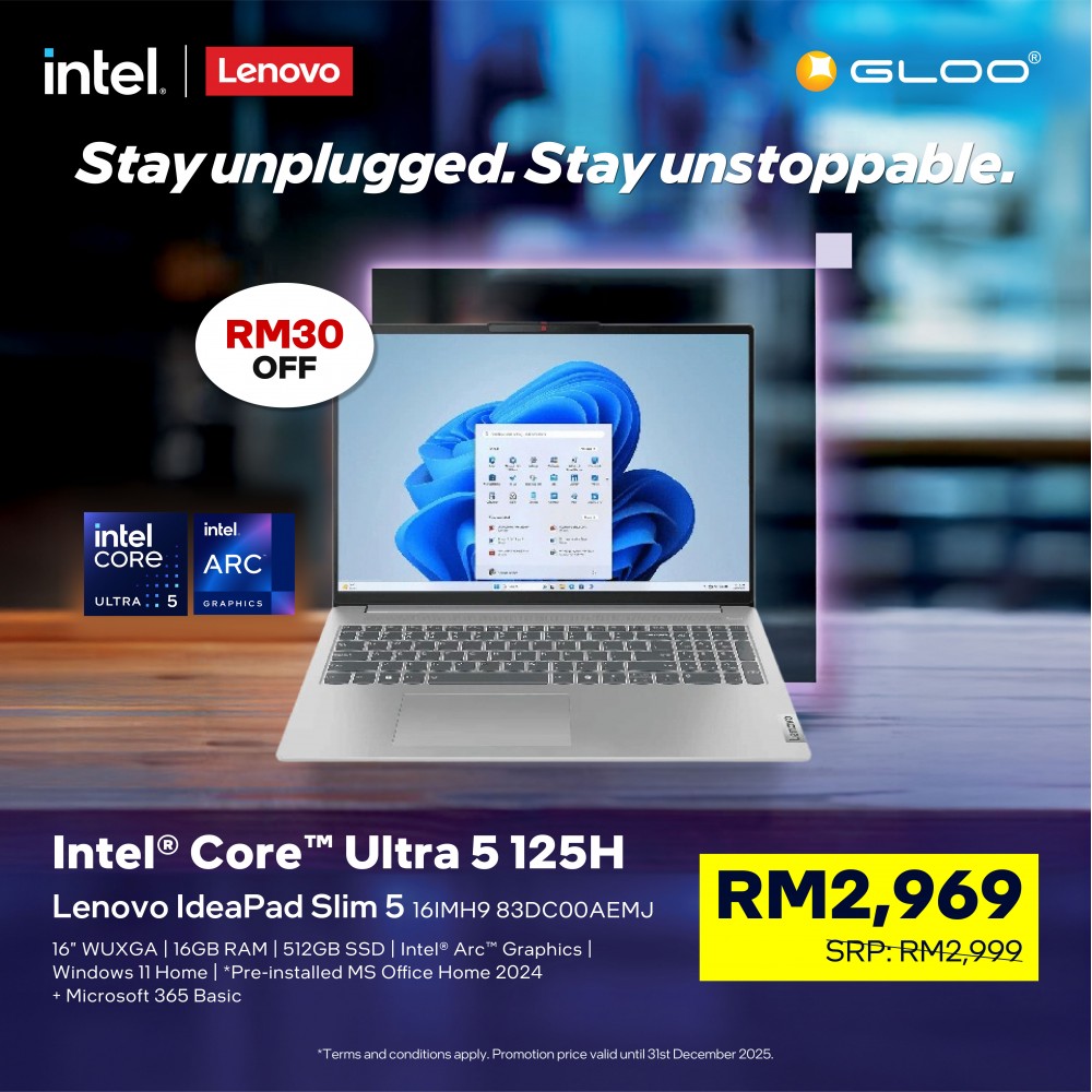 Lenovo IdeaPad Slim 5 16IMH9 83DC00AEMJ Laptop (Intel® Core™ Ultra 5 125H | 16" WUXGA | 16GB RAM | 512GB SSD | Intel® Arc™ Graphics | Windows 11 Home |Microsoft Office Home 2024 + Microsoft 365)