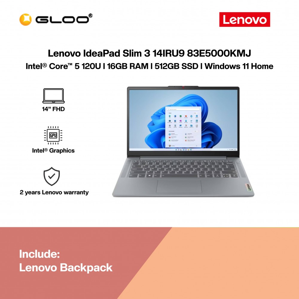 Lenovo IdeaPad Slim 3 14IRU9 83E5000KMJ Laptop (C5-120U,16GB,512GB SSD,Intel Graphics,H&S,14"FHD,W11H,Arctic Grey,2Y)