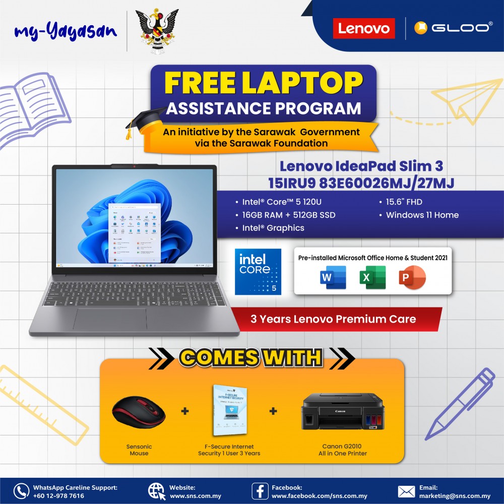 (my-Yayasan) Lenovo IdeaPad Slim 3 15IRU9 83E60026MJ Laptop (Intel® Core™ 5 120U | 15.6"FHD | 16GB RAM | 512GB SSD | Intel® Graphics | Windows 11 Home | Office Home & Student)