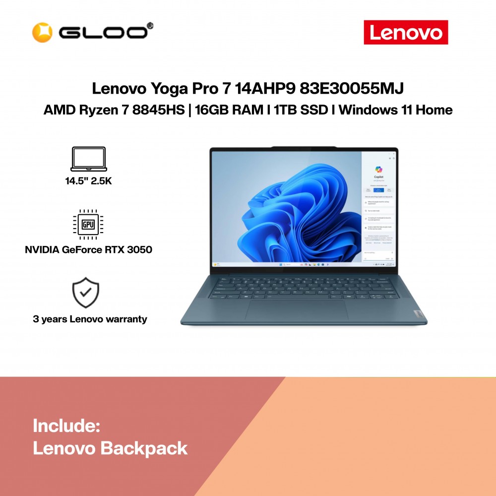 Lenovo Yoga Pro 7 14AHP9 83E30055MJ Gaming Laptop (AMD Ryzen 7 8845HS | 14.5" 2.5K WQXGA | 16GB RAM | 1TB SSD | NVIDIA GeForce RTX 3050 | Windows 11 Home | Microsoft Office Home 2024 + Microsoft 365 Basic)