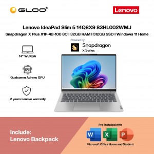 Lenovo IdeaPad Slim 5 14Q8X9 83HL002WMJ Laptop (Snapdragon X Plus X1P-42-100 8C | 14” WUXGA | 32GB RAM | 512GB SSD | Qualcomm Adreno GPU | Windows 11 Home | Office Home & Student) 