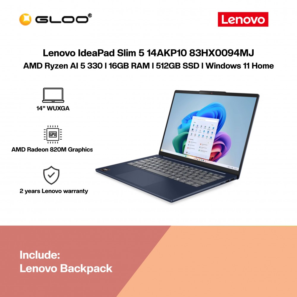 Lenovo IdeaPad Slim 5 14AKP10 83HX0094MJ Laptop (AMD Ryzen Ai 5 330 | 14" WUXGA | 16GB RAM | 512GB SSD | AMD Radeon 820M Graphics | Windows 11 Home | Preinstalled with Microsoft Office Home 2024 + Microsoft Office 365 Basic)