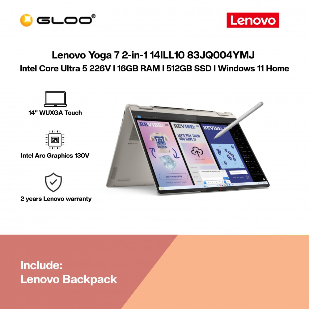 Lenovo Yoga 7 2-in-1 14ILL10 83JQ004YMJ Laptop (Intel Core Ultra 5 226V | 14" WUXGA Touch | 16GB RAM | 512GB SSD | Intel Arc Graphics 130V | Windows 11 Home | Microsoft Office Home 2024 + Microsoft 365 Basic)