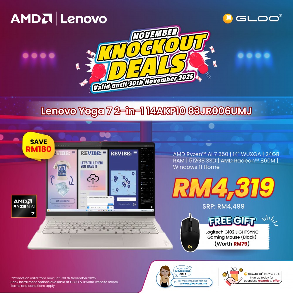 Lenovo Yoga 7 2-in-1 14AKP10 83JR006UMJ Laptop (AMD Ryzen AI 7 350 | 14" WUXGA T | 24GB RAM | 512GB SSD | AMD Radeon 860M Graphics | Windows 11 Home | Office Home & Student+M365)