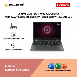 Lenovo LOQ 15ARP9 83JC00LEMJ Laptop (AMD Ryzen™ 5 7235HS | 15.6" FHD | 12GB RAM | 512GB SSD | NVIDIA® GeForce RTX™ 4050 6GB | Windows 11 Home |Microsoft Office Home 2024)