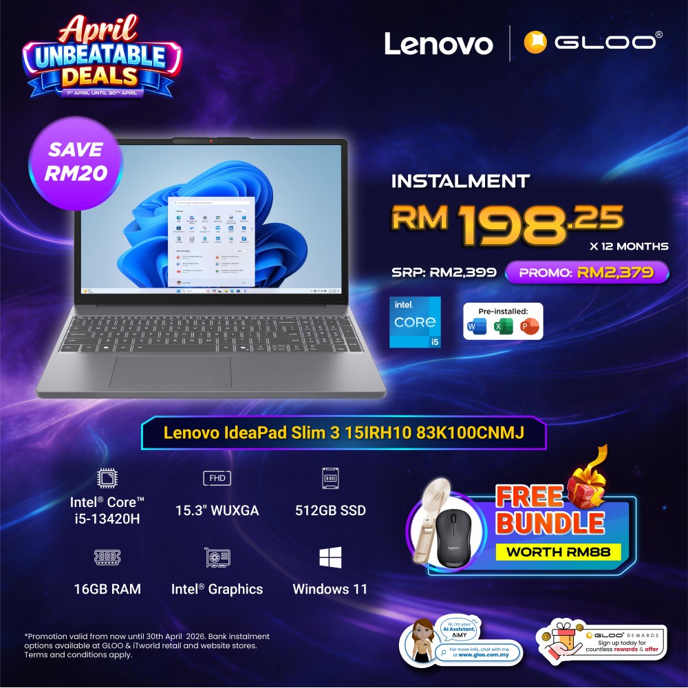 Lenovo IdeaPad Slim 3 15IRH10 83K100CNMJ Laptop (Intel® Core™ i5-13420H | 15.3" WUXGA | 16GB RAM | 512GB SSD | Integrated Intel® UHD Graphics | Windows 11 Home | Office Home & Student)