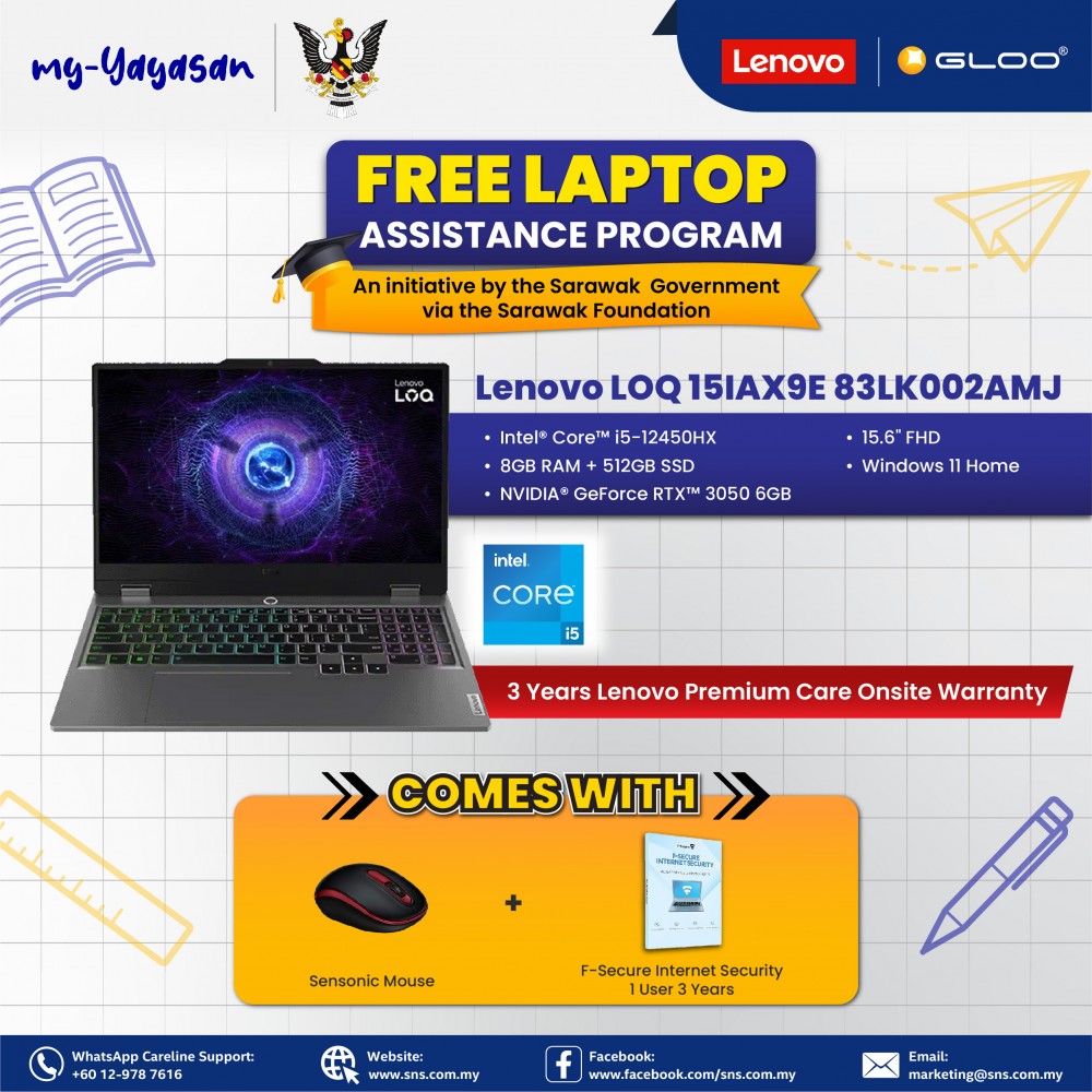(my-Yayasan) Lenovo LOQ 15IAX9E 83LK002AMJ Laptop (Intel® Core™ i5-12450HX | 15.6” FHD | 8GB RAM | 512GB SSD | NVIDIA® GeForce RTX™ 3050 6GB GDDR6| Windows 11 Home)