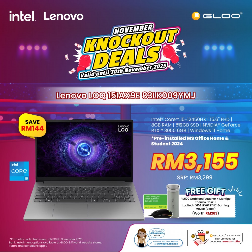 Lenovo LOQ 15IAX9E 83LK009YMJ Gaming Laptop (NVIDIA® GeForce RTX™ 3050 | C i5-12450HX | 15.6" FHD | 8GB RAM | 512GB SSD | Windows 11 Home | Office Home & Student)