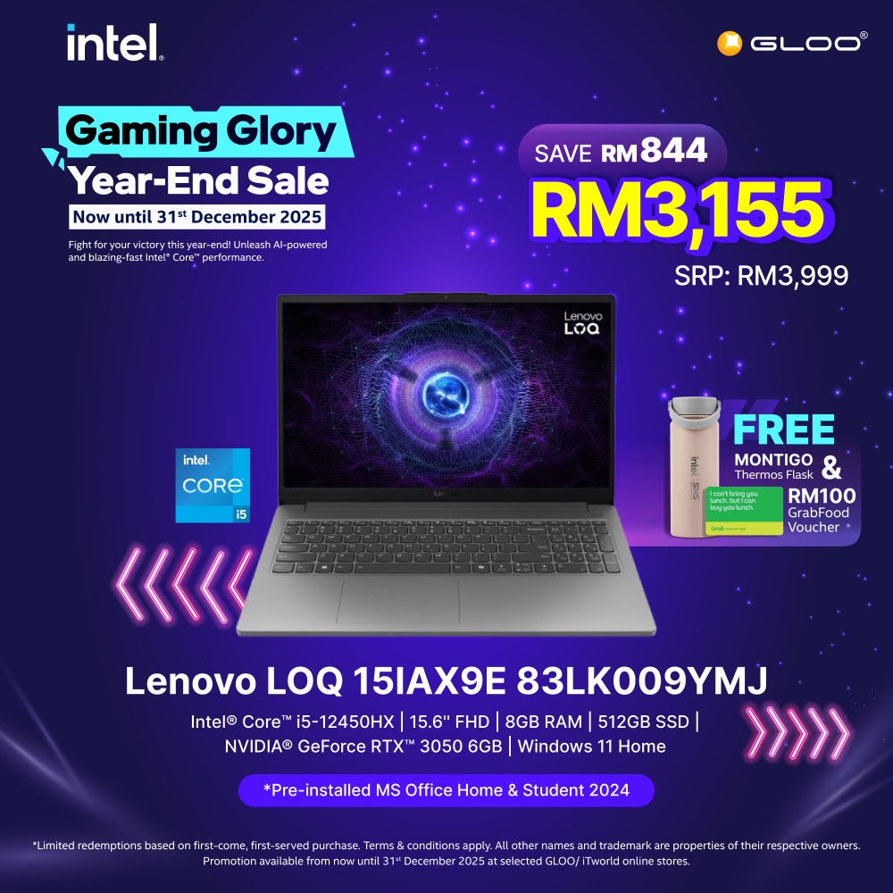 Lenovo LOQ 15IAX9E 83LK009YMJ Gaming Laptop (NVIDIA® GeForce RTX™ 3050 | C i5-12450HX | 15.6" FHD | 8GB RAM | 512GB SSD | Windows 11 Home | Office Home & Student)