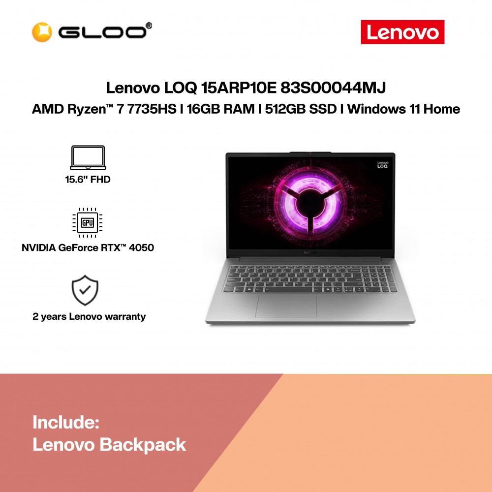 Lenovo LOQ 15ARP10E 83S00044MJ Gaming Laptop (AMD Ryzen™ 7 7735HS | 15.6" FHD | 16GB RAM | 512GB SSD | NVIDIA GeForce RTX™ 4050 |Windows 11 Home | Preinstalled with Microsoft Office Home) 