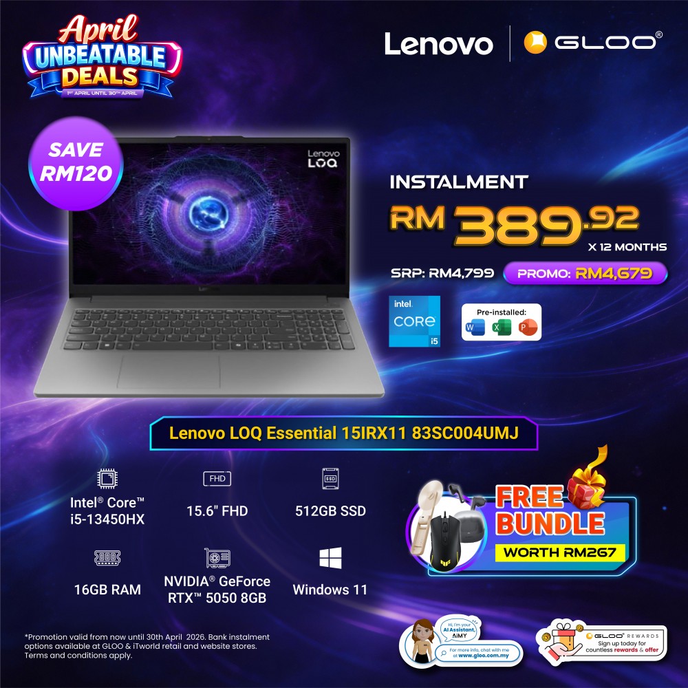 Lenovo LOQ Essential 15IRX11 83SC004UMJ Gaming Laptop (NVIDIA® GeForce RTX™ 5050 | C i5-13450HX | 15.6" FHD | 16GB RAM | 512GB SSD | Windows 11 Home)