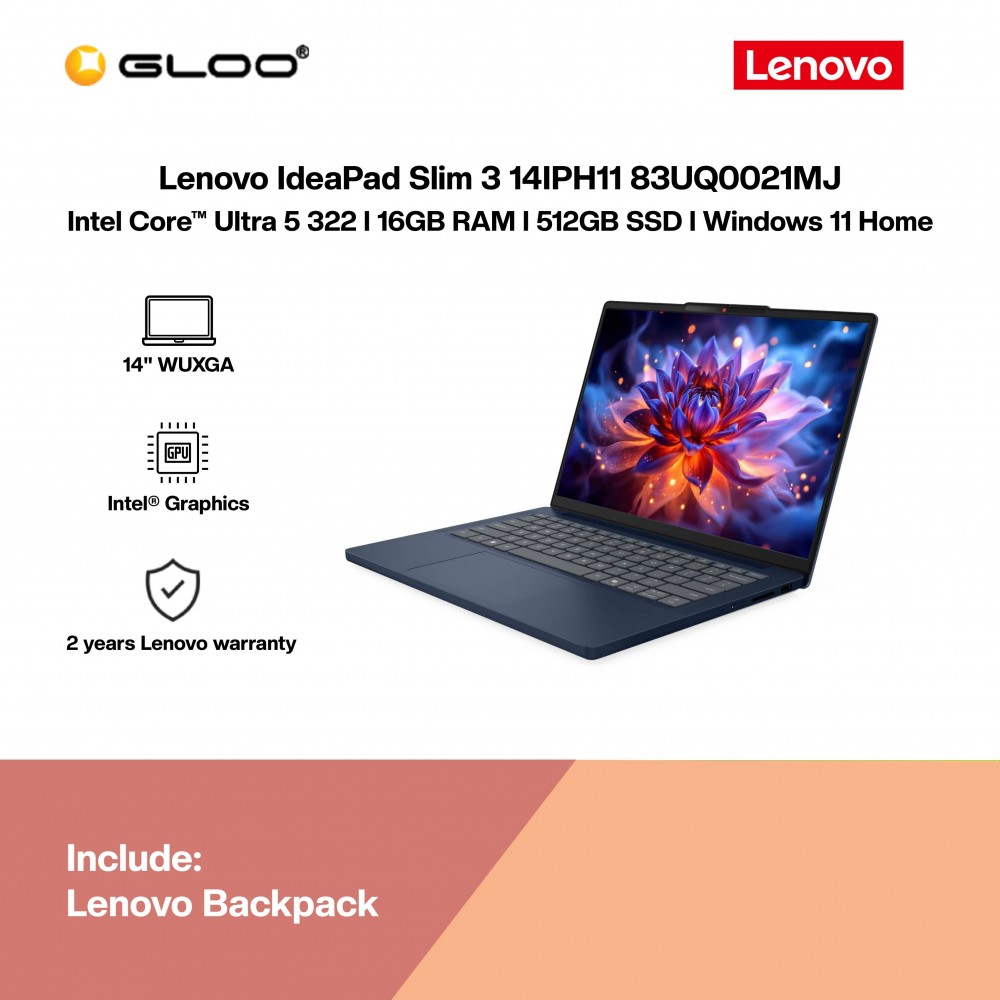 Lenovo IdeaPad Slim 3 14IPH11 83UQ0021MJ Laptop (Intel Core™ Ultra 5 322 | 14" WUXGA | 16GB RAM | 512GB SSD | Intel Graphics | Windows 11 Home | Preinstalled Microsoft Office Home 2024 + Microsoft 365 Basic)