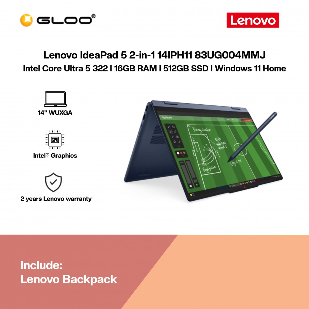 Lenovo IdeaPad 5 2-in-1 14IPH11 83UG004MMJ Laptop (Intel Core Ultra 5-322 | 14" WUXGA Touch | 16GB RAM | 512GB SSD | Intel Graphics | Windows 11 Home | Preinstalled Microsoft Office Home 2024 + Microsoft 365 Basic)