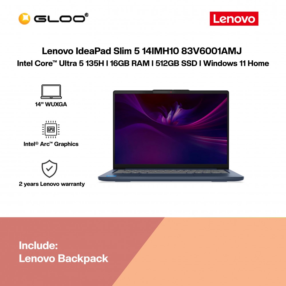 Lenovo IdeaPad Slim 5 14IMH10 83V6001AMJ Laptop (Intel Core™ Ultra 5 135H | 14" WUXGA | 8GB RAM | 512GB SSD | Intel® Arc™ Graphics  | Windows 11 Home | Preinstalled Microsoft Office 2024 + Microsoft 365 Basic)
