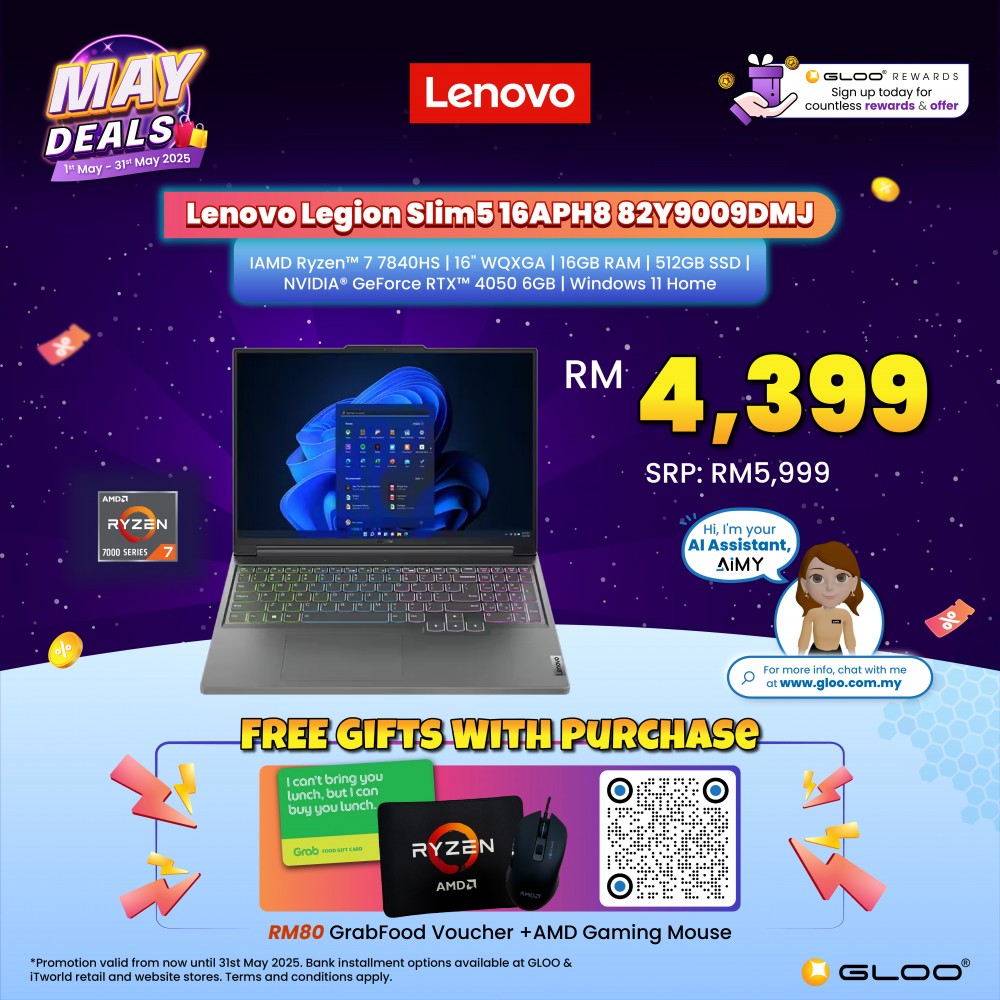 Lenovo Legion Slim 5 16APH8 82Y9009DMJ Laptop (AMD Ryzen™ 7 7840HS | 16"WQXGA | 16GB RAM | 512GB SSD | NVIDIA® GeForce RTX™ 4050 6GB GDDR6 | Windows 11 Home)