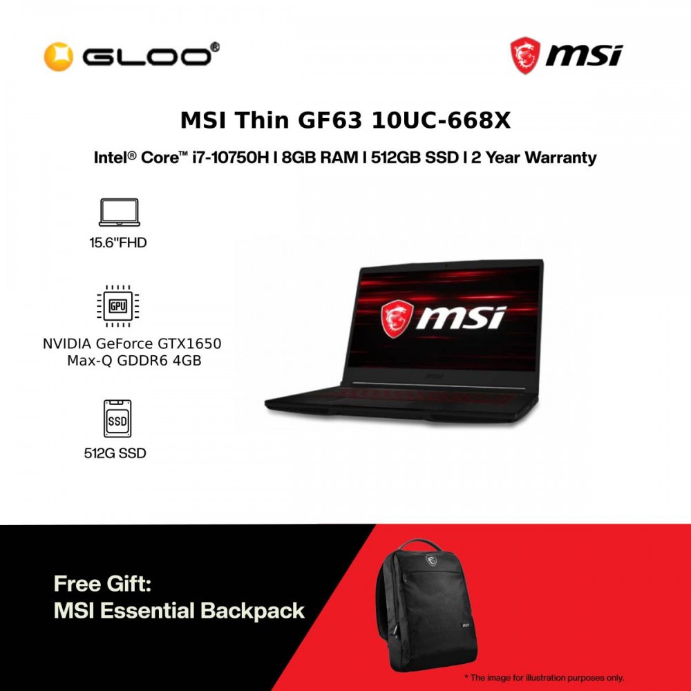 [Pre-order] MSI Thin GF63 10UC-668X NBK (i7-10750H,8GB,512GB SSD,RTX3050 MaxQ 4GB,15.6"FHD,DOS,Black) [FREE] MSI Essential Backpack[ ETA: 3-5 Working Days]