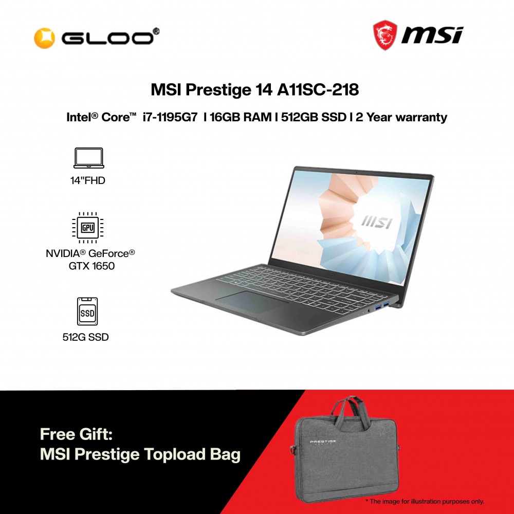 [Pre-order] MSI Prestige 14 A11SC-218 (i7-1195G7,16GB,512GB SSD,GTX1650 4GB,14"FHD,W11H,Gray) [FREE] MSI Prestige Topload Bag [ETA:3-5 working days]