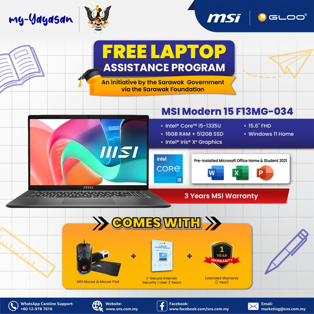 (my-Yayasan) MSI Modern 15 F13MG-034MY (Intel Core 5-1335U | 15.6"FHD | 16GB RAM | 512GB SSD | Intel Iris Xe | Windows 11 Home)