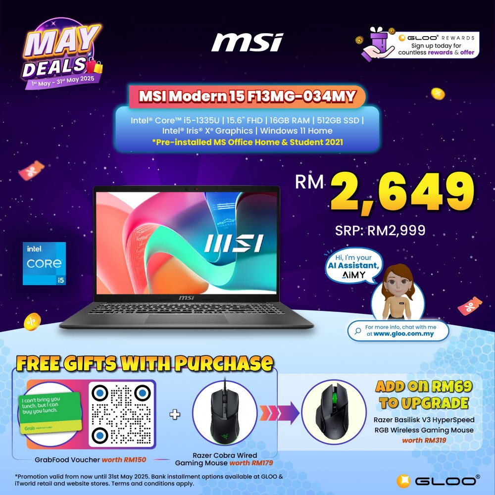 MSI Modern 15 F13MG-034MY (Intel Core 5-1335U | 15.6"FHD | 16GB RAM | 512GB SSD | Intel Iris Xe | Windows 11 Home)
