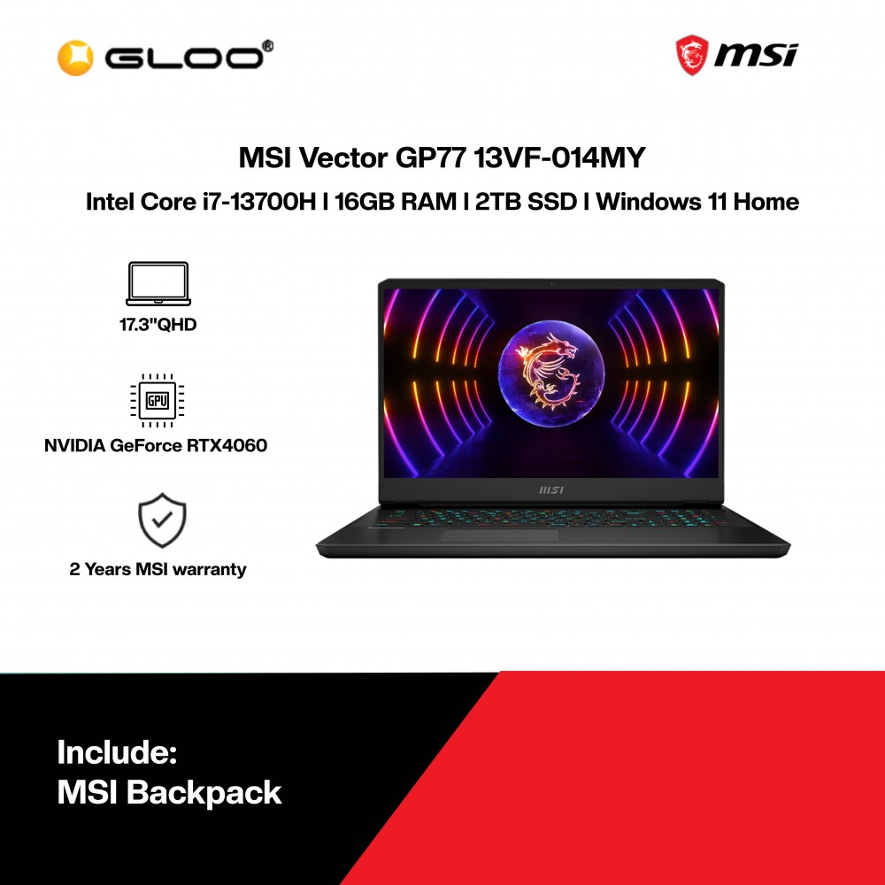 [Pre-order] MSI Vector GP77 13VF-014MY Gaming Laptop (NVIDIA®️ GeForce RTX™️ 4060,i7-13700H,16GB,2TB SSD,17.3"QHD,W11H,Black)[ETA: 3-5 working days]