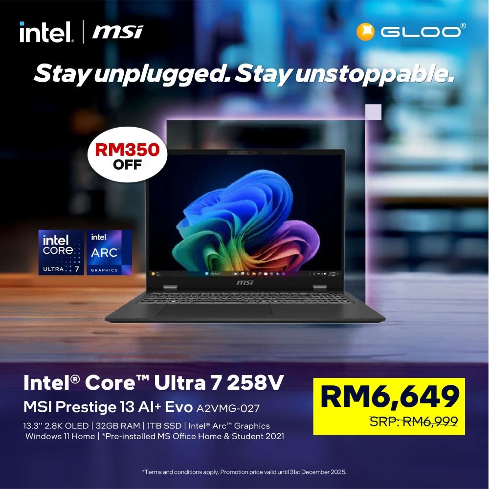 MSI Prestige 13 AI+ Evo A2VMG-027MY AI Laptop (CU7-258V,32GB,1TB SSD,Intel Arc 140V,H&S,13.3"2.8K OLED,W11H,Stellar Gray,2Y) 