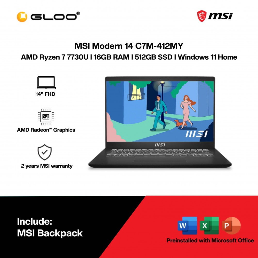 MSI Modern 14 C7M-412MY Laptop (AMD Ryzen™ 7 7730U | 14” FHD | 16GB RAM | 512GB SSD | AMD Radeon™ Graphics | Windows 11 Home | Microsoft Office Home 2024)