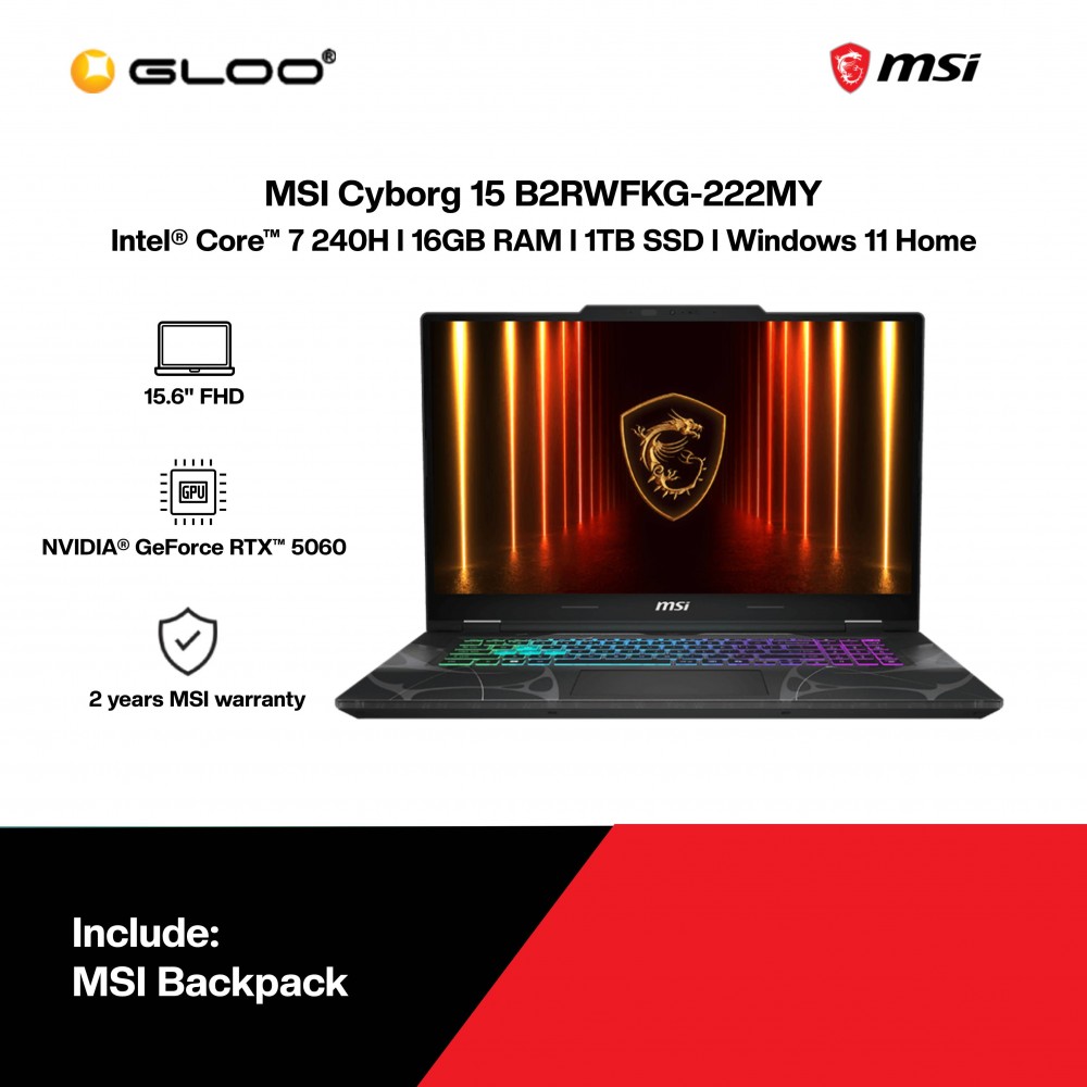 MSI Cyborg 15 B2RWFKG-222MY Gaming Laptop (Intel® Core™ 7 processor 240H | 15.6" FHD | 16GB RAM | 1TB SSD | NVIDIA® GeForce RTX™ 5060 | Windows 11 Home)